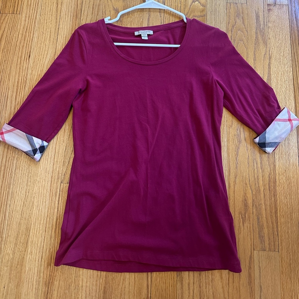 Burberry Maroon Top with Plaid Cuffs